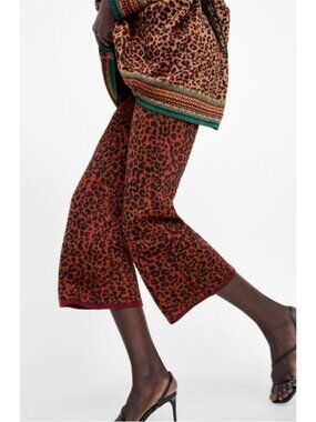 Zara Knit | Leopard Print Metallic High Waist Knit Crop Flare | Rust/Black | S/M